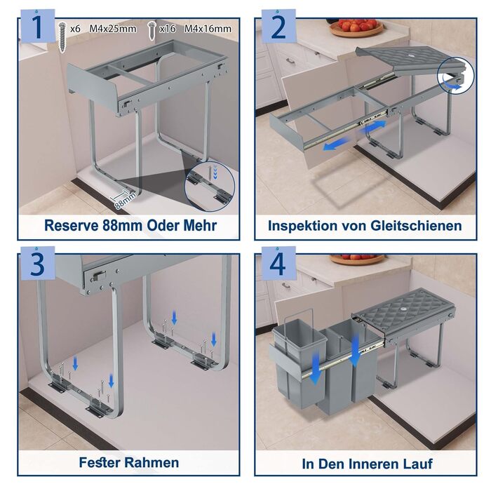 Вбудований контейнер для сміття HENGMEI для кухні, висувний, 3 секції по 10л, сірий