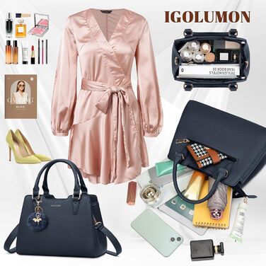 Жіноча сумка IGOLUMON шкіряна середнього розміру, синя. Сумка-тоут, сумка на плече та ручку