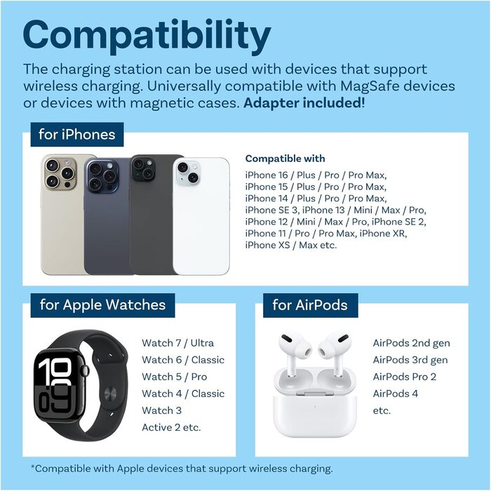 MMOBIEL Бездротова зарядна станція 3-в-1 для iPhone, Apple Watch та AirPods - 15W, Швидка бездротова зарядка, Чорний (Модель C)