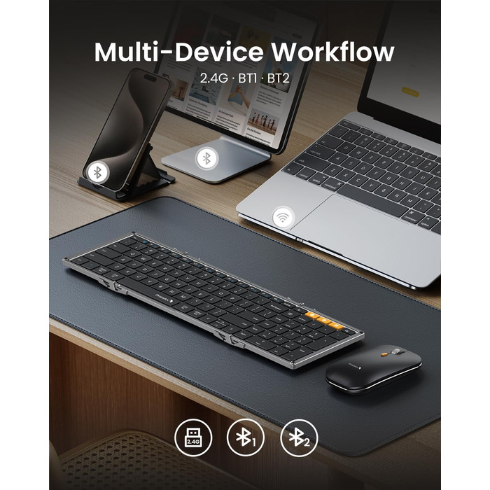 Бездротова клавіатура та миша ProtoArc XKM01: складана, Bluetooth, 2.4G, QWERTZ, для iPad, Tablet, iPhone, Laptop (Space Grey)