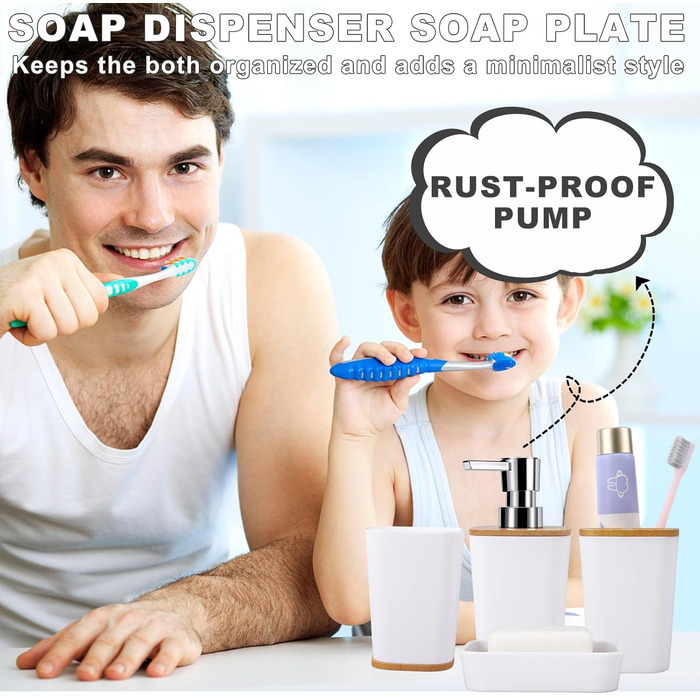 Набір аксесуарів для ванної кімнати, 9 предметів: сміттєвий бак, тримач для зубних щіток, стакан для зубних щіток, дозатор для лосьйону/мила, тумбочка під раковину, мильниця, щітка для унітазу, тримач для ватних паличок, (Білий, Комплект для ванни + штора