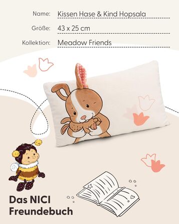 NICI Подушка Зайчик Hopsala та його Малюк 43x25 см, коричнева, м’яка плюшева іграшка-подушка для дітей і дорослих, ідеальна для дому, дитсадка чи подорожей