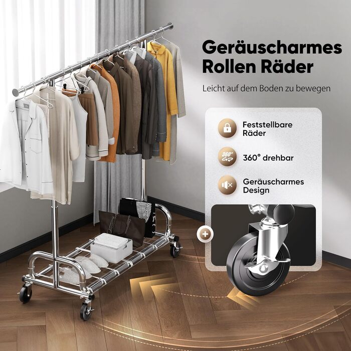 Вішалка для одягу HOKEEPER на колесах, вантажопідйомність 204 кг, висувна штанга для одягу S005