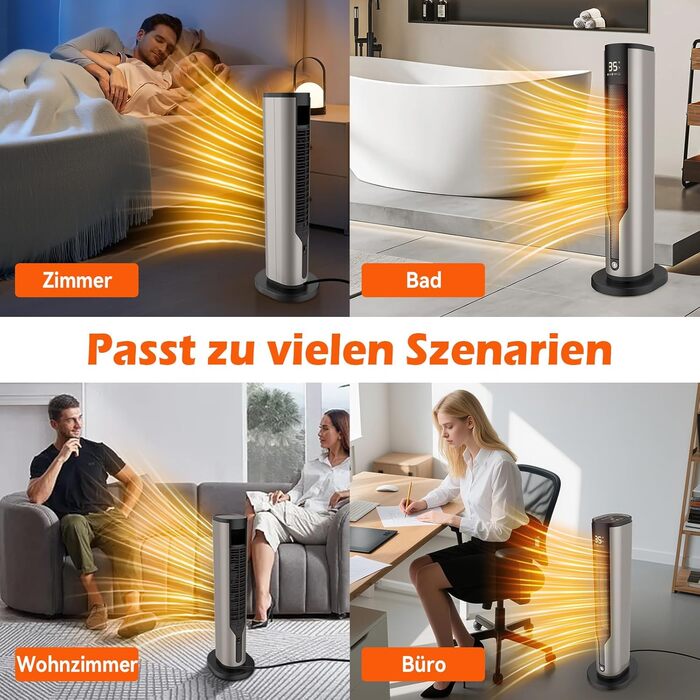 Електричний обігрівач 1500W з PTC керамічним нагрівачем, тихий 34 dB, термостат, таймер 12 год, захист від перегріву та перекидання. Ідеальний для спальні, з пультом дистанційного керування (сірий)