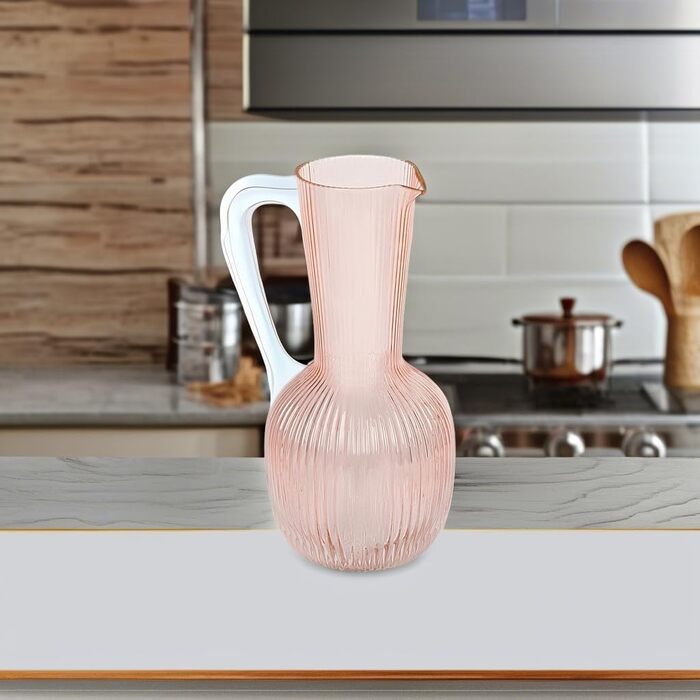 Elle Decor Ribbed Glass Carafe | Water Pitcher for Iced Tea, Wine Decanter, Mixed Drinks, and Beverages | Glass Carafe for Mimosa Bar | 1.1L Sangria Pitchers for Parties | 12 cm D x 24 cm H (Pink)