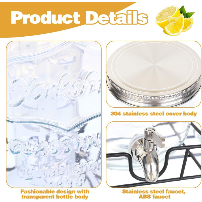 Диспенсер для напоїв на 7.6л зі стійкою, скляний диспенсер для води, соку, з нержавіючої сталі з краном, для дому, вечірок, свят
