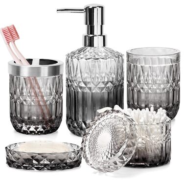 Набір аксесуарів для ванної кімнати 5 предметів, чорний: дозатор для мила, мильничка, підставка для зубних щіток, стаканчик, склянка для ватних паличок, градієнтний чорний