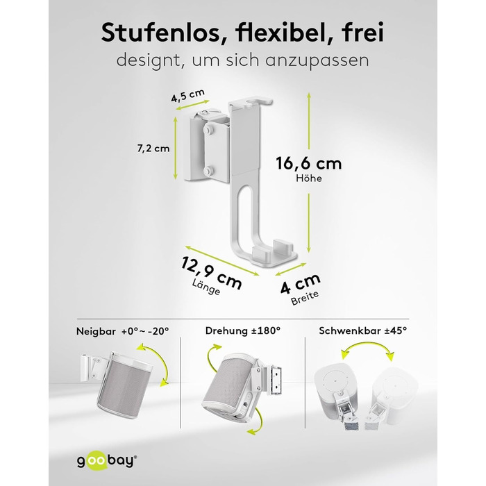 Настінний кронштейн-підставка для колонки Goobay Sonos One / One SL, білий, з кабель-менеджментом, висота 71 см, вантажопідйомність 3 кг