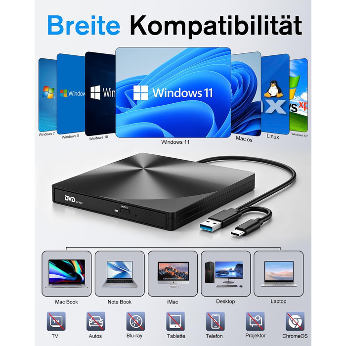 Зовнішній USB 3.0 та USB-C CD/DVD привід varkda для ноутбука та ПК, портативний DVD-плеєр та записник (RW/ROM), сумісний з Windows, macOS, Linux, чорний