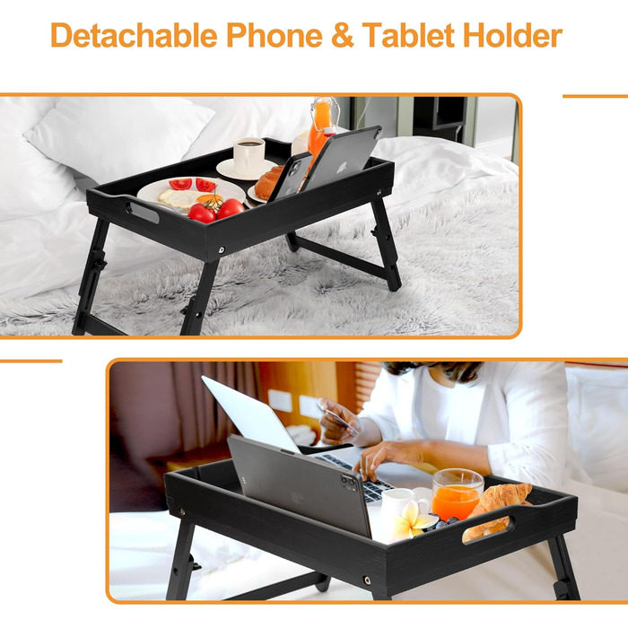 Бамбукове піднос-столик Greenual з ручками, складними ніжками, слотом для медіа, чорного кольору (2 шт.)