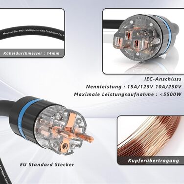 HiFi мережевий кабель Monosaudio P901 4.5Sq 1м, мідний OFC з екрануванням, High-End кабель живлення EU Schuko на IEC C15 для підсилювача, DVD, сабвуфера та декодера