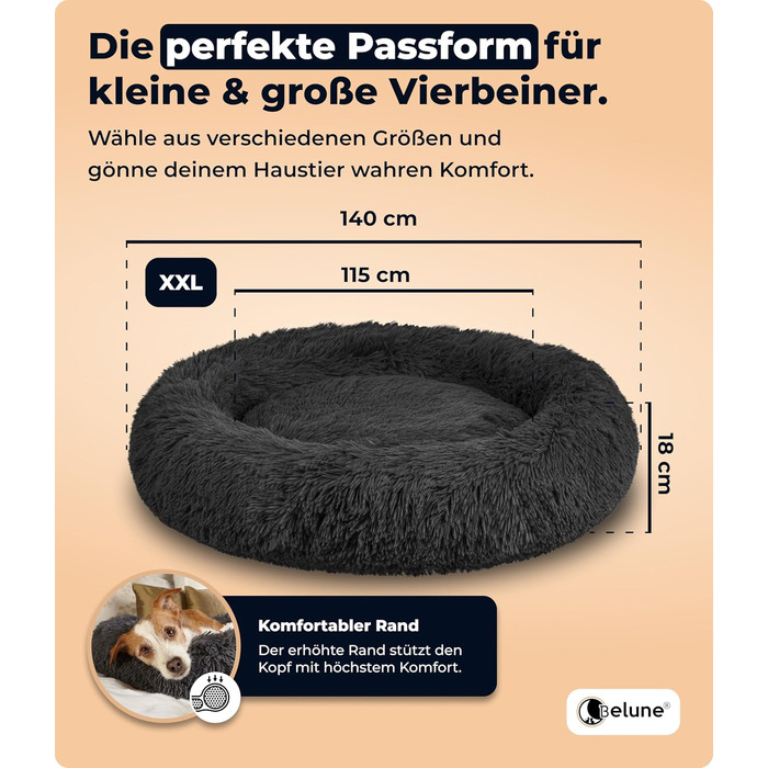 Belune® Лежанка для собак знімний чохол - Оригінал - [L, 100 см] Кошик для собак, лежанка для котів, лежанка для собак, м'яка лежанка для великих, середніх та маленьких собак (XXL (140 см), Чорний)