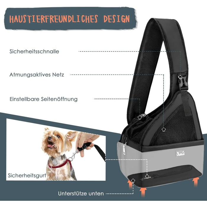 Dog-friendly sling carriers, hands-free travel bag for small pets with adjustable straps, hardboard base, safety belt, for dogs up to 2.8kg, widened version (M+ (For short-legged pets under 2.8kg), Black)