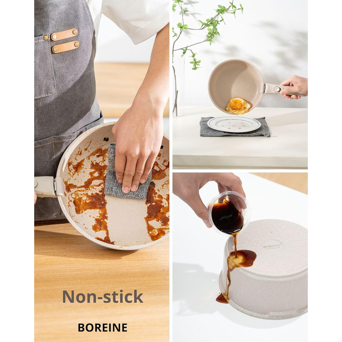 Набір посуду BOREINE 14 предметів: каструлі та сковороди з антипригарним гранітним покриттям (PFOA-free), знімні ручки, для всіх типів плит (індукція, склокераміка, газ, духовка), коричневий