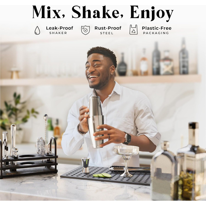 Набір для коктейлів Pro Cocktail Kit: Шейкер для приготування коктейлів, 14 предметів, з рецептами (800 мл, срібно-чорний)