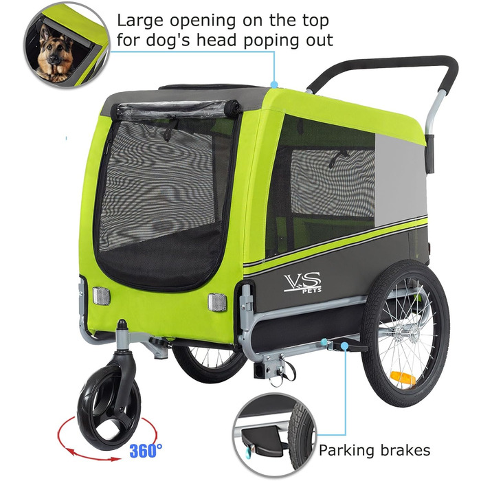 Візок для собак Tiggo VS Pets 2-в-1: візок та велосипедний причіп, великий, 270 л, до 35 кг (зелений)