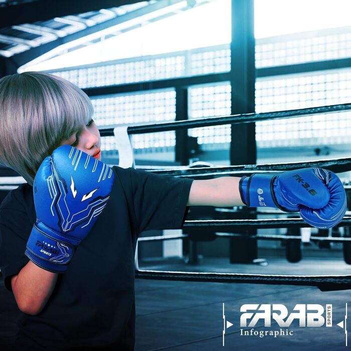 Боксерські рукавички Farabi для дітей (6oz, синій) – MMA, Муай Тай, бокс, тренування, 5-10 років