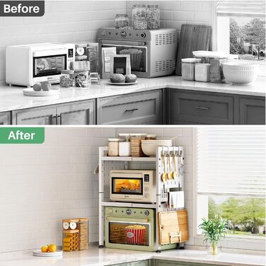 Поличка для мікрохвильової печі SAYZH, 3-рівнева висувна, органайзер для кухні з 10 гачками, біла