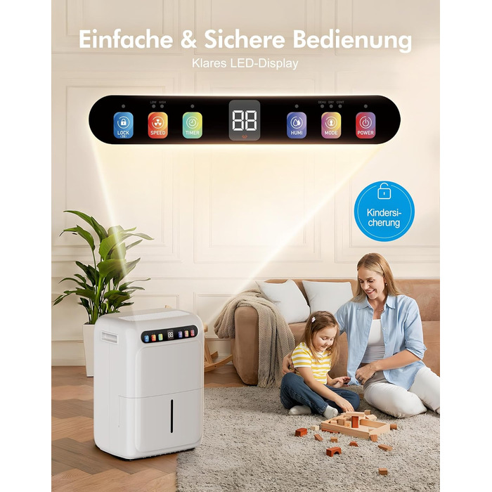 Електричний осушувач повітря з функцією сушіння білизни, тихий, з автоматичним контролем вологості, таймером, шланг 1м, для квартири до 120 м³, гарантія 10 років (20л)