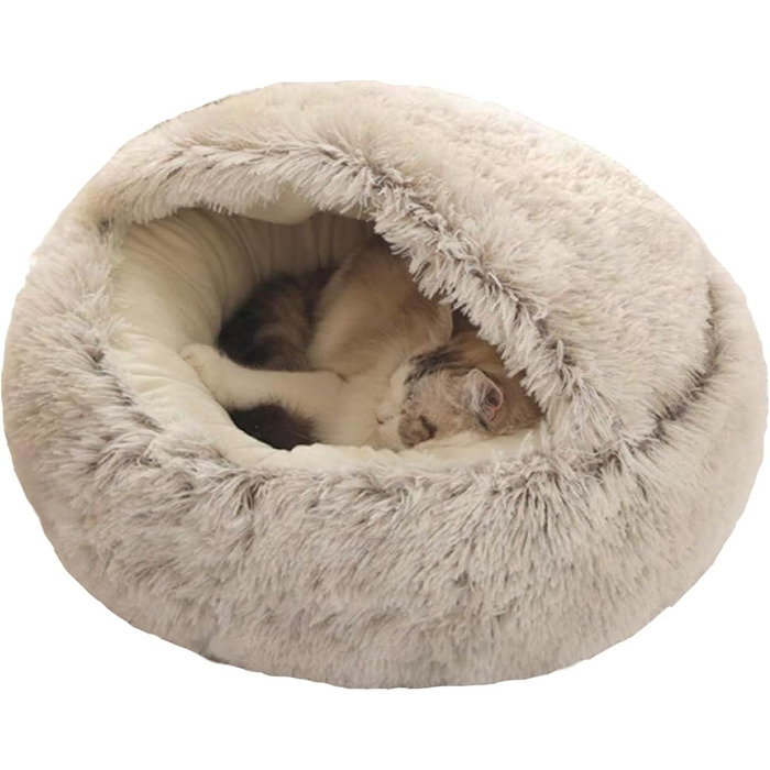 М'яке кругле ліжко для котів з плюшу, гніздо з капюшоном, тепле, антиковзне, машинне прання, 50/60 см