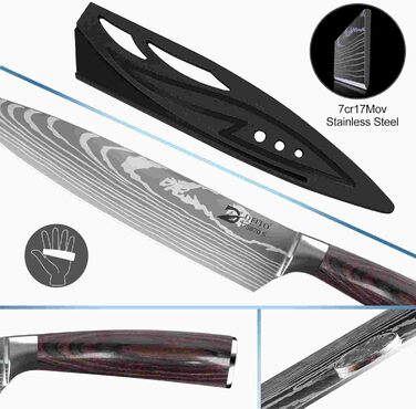 Набір кухонних ножів Dfito, 8 предметів, професійний, з роллю, з високоякісної нержавіючої сталі, для шеф-кухаря, гострі, з червоною ручкою