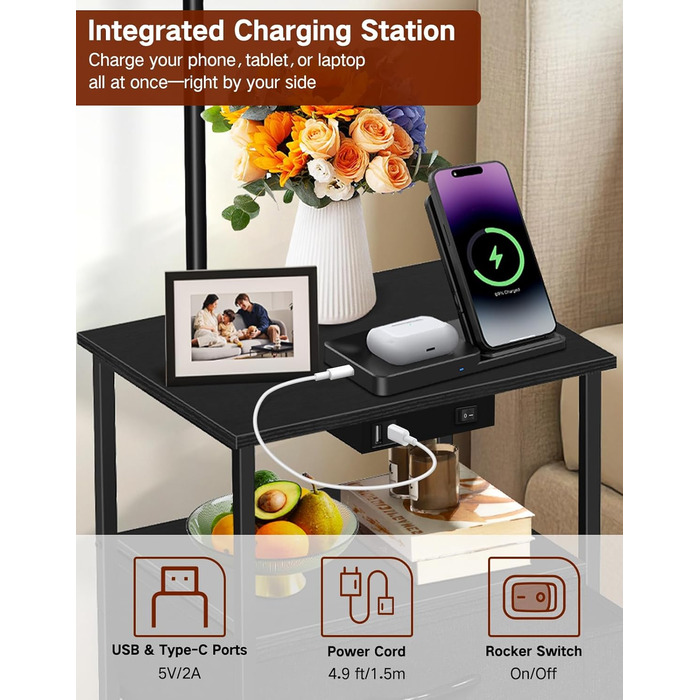 Стельова лампа для вітальні з тумбою та полицею, регульована LED, з пультом, 3 колірні температури, приліжкова тумба з зарядкою та полицею, дерев'яний столик для спальні/офісу (чорний з шухлядами)