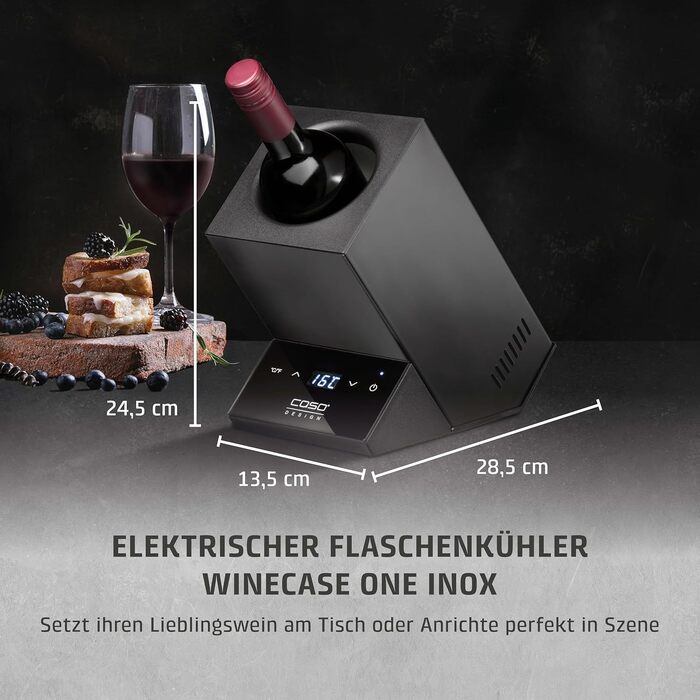 CASO WineCase One Black - Single Bottle Wine Cooler with Temperature Control (5-18°C), Stainless Steel Finish