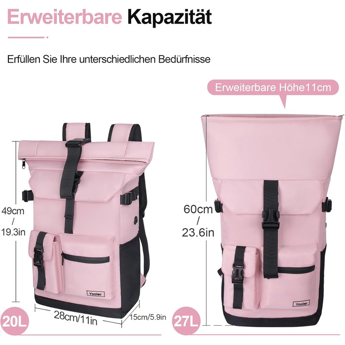 Roll-top Backpack Waterproof, 27L Large Backpack Men Women, School Backpack with 17.3 Inch Laptop Compartment, Travel Backpack Hiking Backpack for Business Work College Travel Leisure (Pink)
