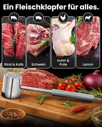 Преміум Fleischklopfer від Brendo: м'ясорубка з масивного нержавіючої сталі, двостороння, з плоскою та зубчастою поверхнею для будь-якого м'яса, + E-Book рецептів, придатна для миття в посудомийній машині, шніцельниця