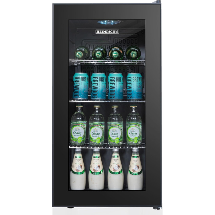 Міні-холодильник Heinrich з скляною дверцятами: компактний, тихий (40dB), LED-підсвічування, для офісу, кемпінгу, саду, об'єм 88 літрів, 3 полиці