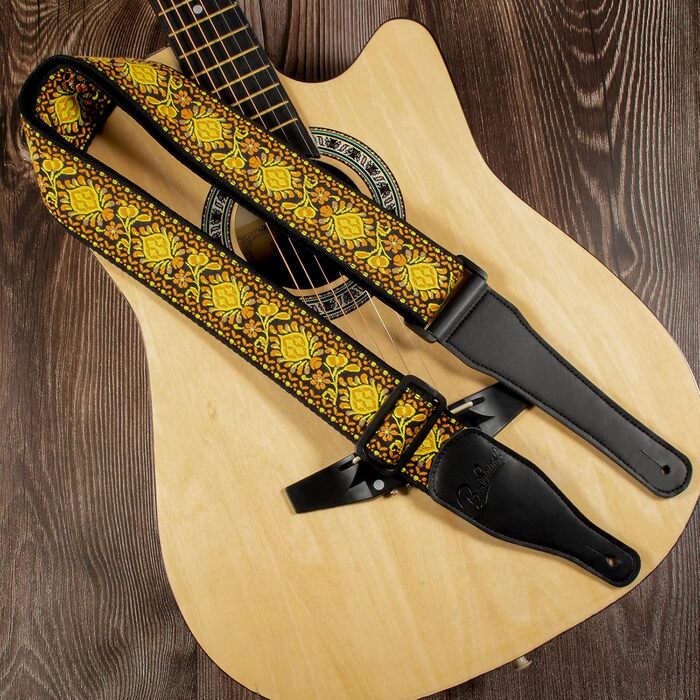 Гітарний ремінь Jacquard з бавовни з шкіряними кінцями для бас-гітари, акустичної та електрогітари, жовтий