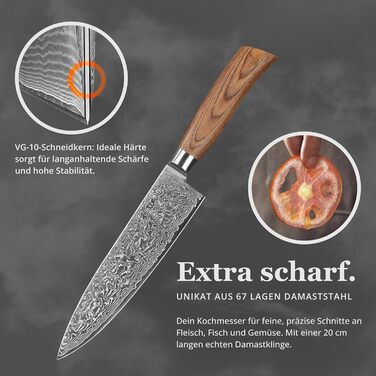 Ніж кухарський Wakoli EDIB Pro з дамаської сталі (серцевина VG10), 20 см - гострий та збалансований, з ручкою з паккавуду в подарунковій коробці - кухонний ніж з дамаску для професійних та аматорських кухарів, срібний