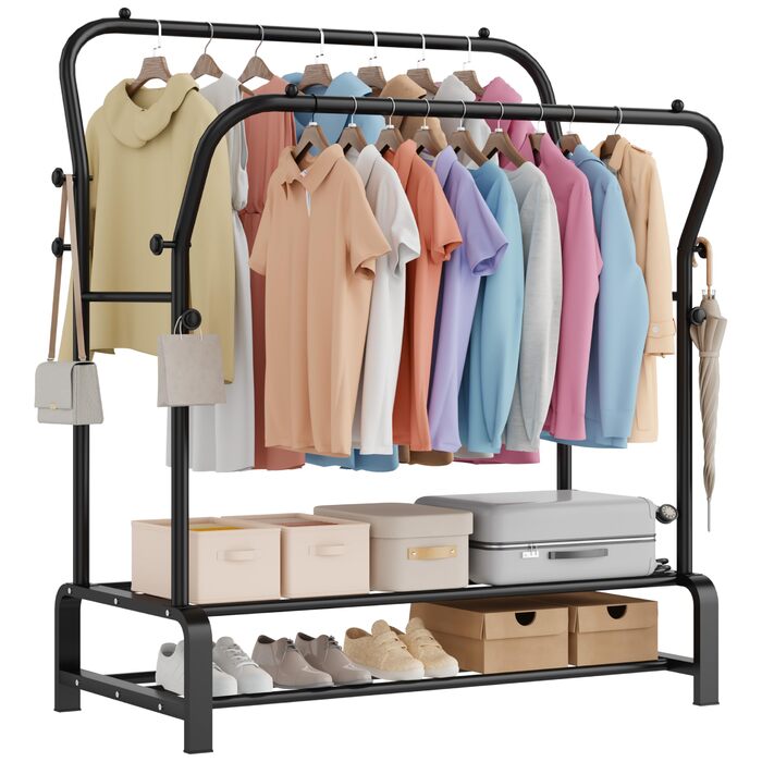 Вішалка для одягу металева подвійна Stabil з 8 гачками та 2 полицями для взуття, чорна – функціональна стійка для спальні