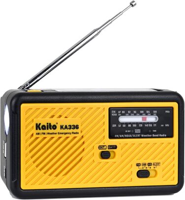 Радіо Kaito Voyager ECO KA336: AM/FM, NOAA, сонячна панель, ручне заряджання, LED-ліхтарик, USB-зарядка для телефону, жовтий