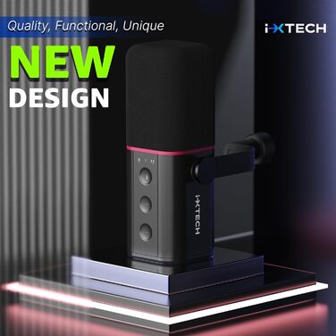 IXTECH Динамічний мікрофон з нирковою характеристикою RGB для студії, стримінгу та запису. USB/XLR, регулювання Gain, для подкастів та вокалу. Білий (M, Black)