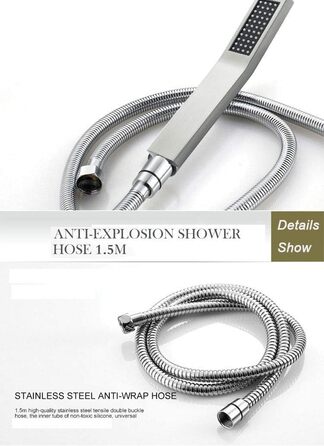 Showerhead with hose 1.5m, high-pressure handheld shower with hose, brass fixed showerhead with hose, water-saving showerhead with pressure boosting for higher water pressure, with 1 spray patterns (With hose (Square))