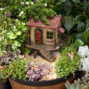 PRETMANN's Fairy Garden House - large fairy tree house with a door that opens - 22.9 cm high - fairy garden accessories