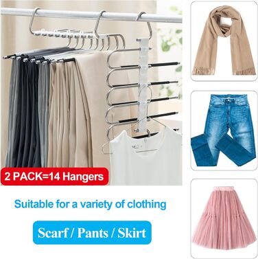 2-Piece Trouser Hangers Clothes Hangers Space-Saving Stainless Steel Non-Slip Foldable Multi-Functional Hanger for Trousers, Scarves, Jeans, Clothing, Towels (Black with 14 Clothes Hangers)