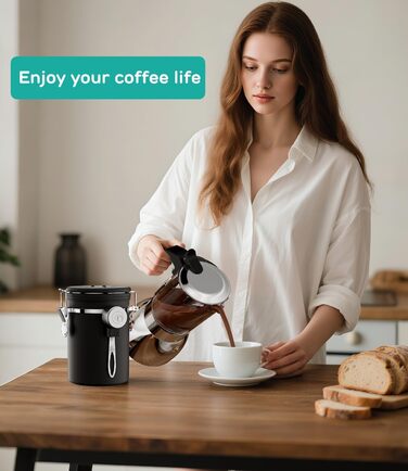 Coffee Gator Контейнер для кави з нержавіючої сталі, герметичний, з датчиком свіжості, клапаном CO2, ложкою, для кавових зерен, меленої кави, горіхів, чаю, цукру (Чорний, L)