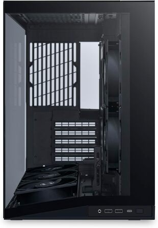 Корпус Lian Li O11 Dynamic Mini V2 Flow: компактний ATX Midi-Tower з двокамерним дизайном, скляною панеллю та модульною конструкцією. 5 вентиляторів встановлено. Чорний колір.