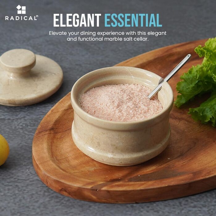 Radical marble salt cellar with lid and spoon, 8.9 cm, handmade, kitchen table decoration, spice jars and spice containers, ideal salt container.