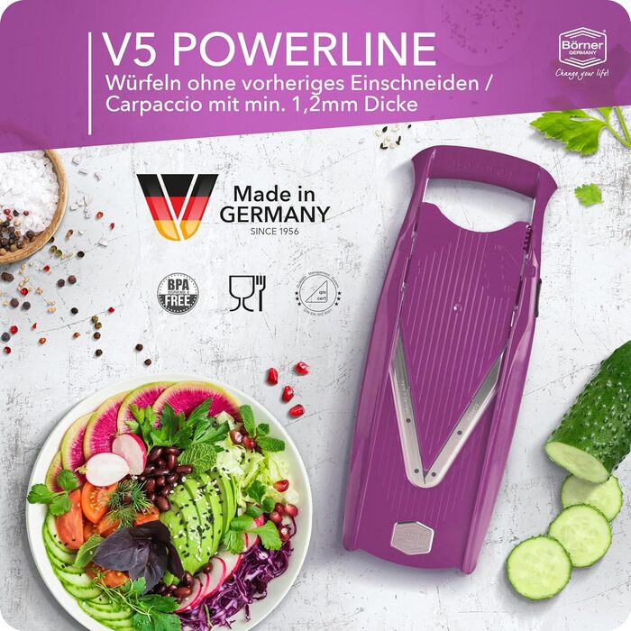 Набір Börner Gemüsehobel V5 (Profi Set): професійний набір для нарізки овочів з регульованим V-подібним ножем, 7-частинний, з 10 видами нарізки, з нержавіючої сталі, з док-станцією, фіолетовий (стартовий набір)