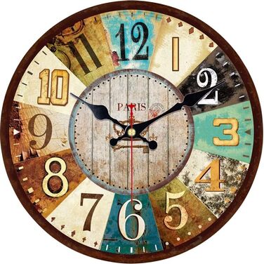 VIKMARI Quartz Wall Clock Wood Silent Hanging Clock, Battery-Powered Round Rustic Clock, Easy to Read Vintage Indoor Wall Clock || 14' (France Parisian Style, 30 cm)
