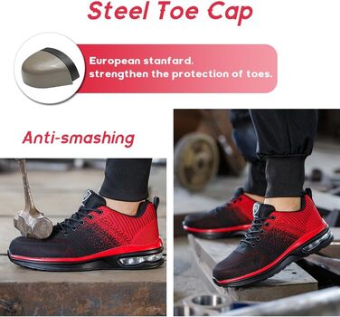 Легкі робочі черевики для чоловіків та жінок. Безпечні, антиковзкі, спортивного стилю, зі сталевим підноском. Дихаючі робочі черевики (40 EU, Червоний)