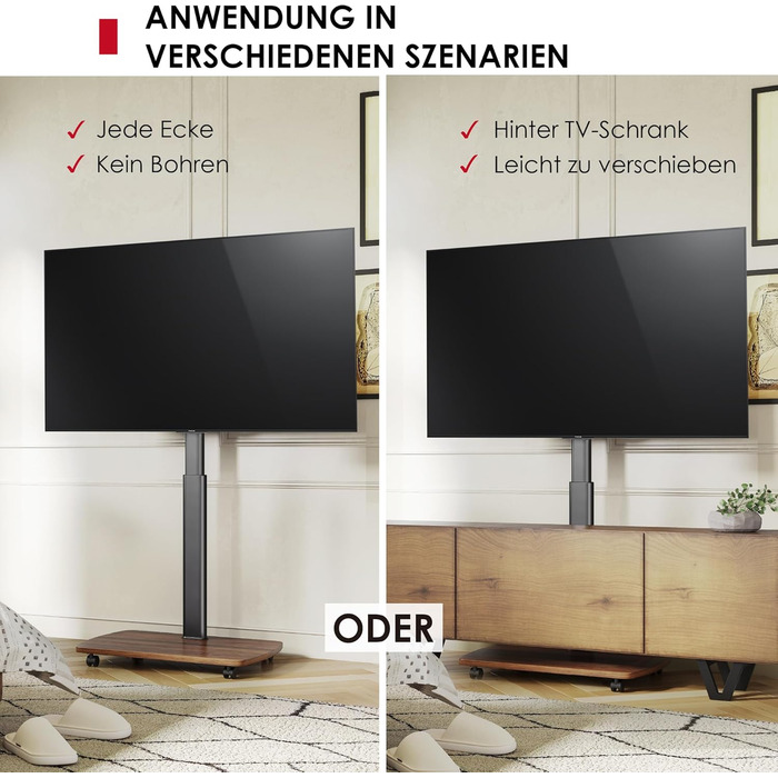 AOKCOS Rolling TV Stand with Wood Shelf - Adjustable Height & Swivel - Fits 43-75 Inch TVs (up to 50kg) - VESA 600x400mm - White+Natural (Black+Vintage Brown)
