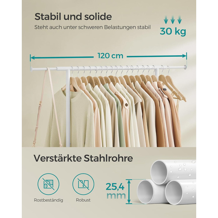 SONGMICS Clothes Rack with Wheels, Extendable Clothes Rod, Clothes Rail from Steel Pipes, Elevated Storage Rod, 40 x (83-120) x 156 cm, Cloud White HSR134W01