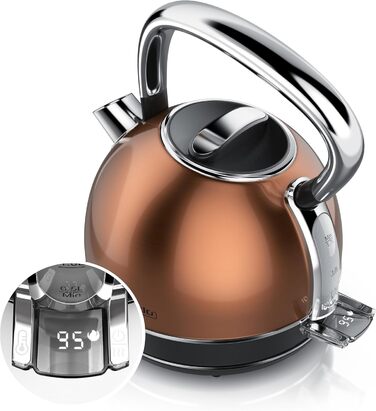 Електричний чайник Arendo з регулюванням температури, LED дисплеєм та сенсорною панеллю. Ретро-дизайн, об'єм 1,7 л, функція підтримки тепла, вимірювання, змінний фільтр від накипу. Матеріал: нержавіюча сталь, колір: мідний.