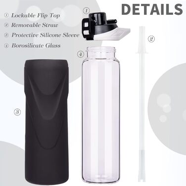1 liter / 1l Drinking Bottle Glass with Straw, BPA-Free Glass Bottle with Silicone Sleeve, Borosilicate Glass Water Bottle (Deep Black)