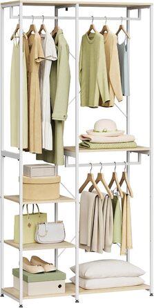 Вільна вішалка для одягу WOLTU з полицею, для спальні/коридору, стабільна, з дерева та металу, білий + світлий дуб