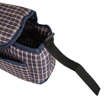 Візок для тварин Monster Shop з сумкою, знімний, складний, вантажопідйомність 15 кг, колеса, гальма, сітчасте вікно, кошик, тримач для напоїв, кишені та водовідштовхуючий дощовик (синій візерунок в клітинку, передня кишеня для тварин)